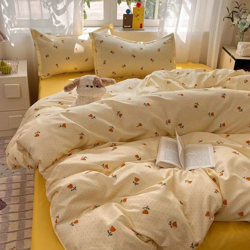 STORESDE Fashion Floral Duvet Cover Set with Flat Sheet Pillowcase No Filler Girls Twin Full Queen Size Korean Soft Bedding Set