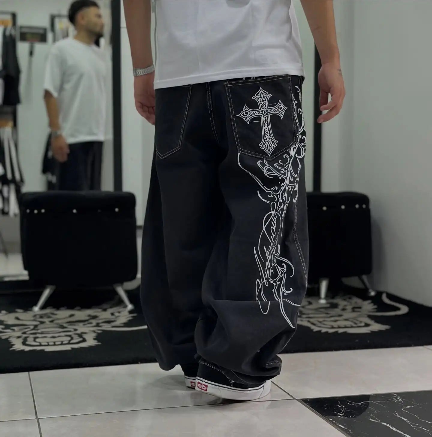 STORESDE SAtreetwear y2k high quality printing black baggy jeans harajuku trend men women hip hop fashion casual couple Wide-leg pantsY2K