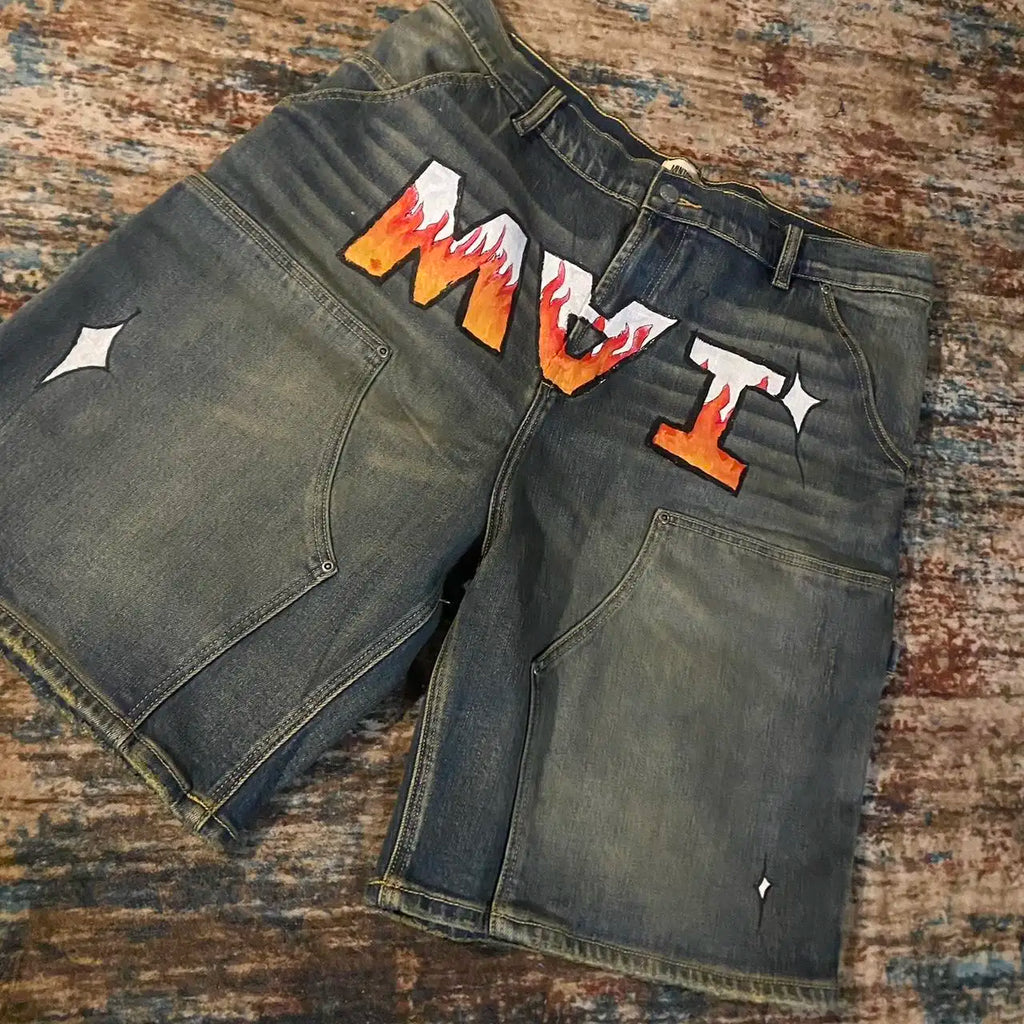 STORESDE Baggy Custom Paint Jorts Washe Number 8 Ball Denim Shorts Men Goth Y2k Harajuku Casual Sweatpants Wide Leg Short Streetwear