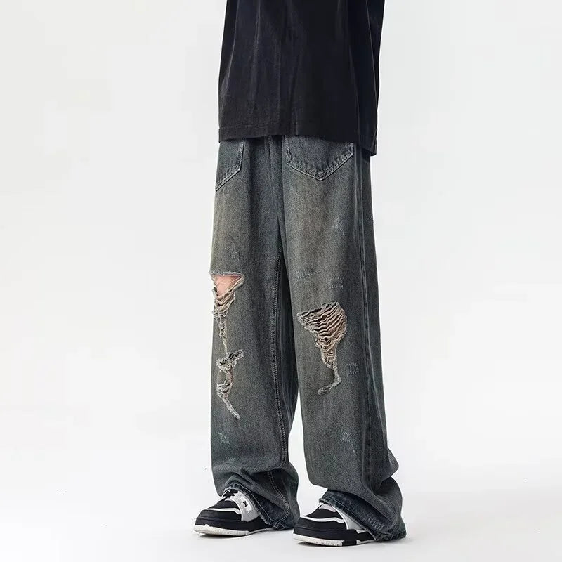 STORESDE Spring American Retro Ripped Wide-leg Jeans For Men High Street Fashion Distressed Baggy Denim Pants 2025 New Casual Y2K Jean