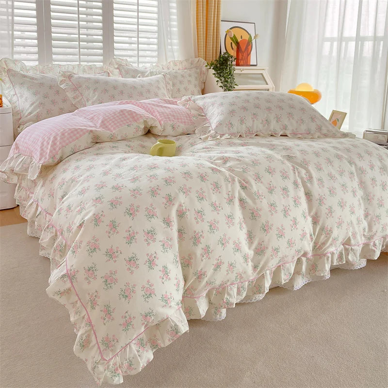 STORESDE New Ruffles 100% Cotton Duvet Cover Set or Single Duvet Covers Floral Princess Style All Cotton Quilt Cover Queen Blanket Cover