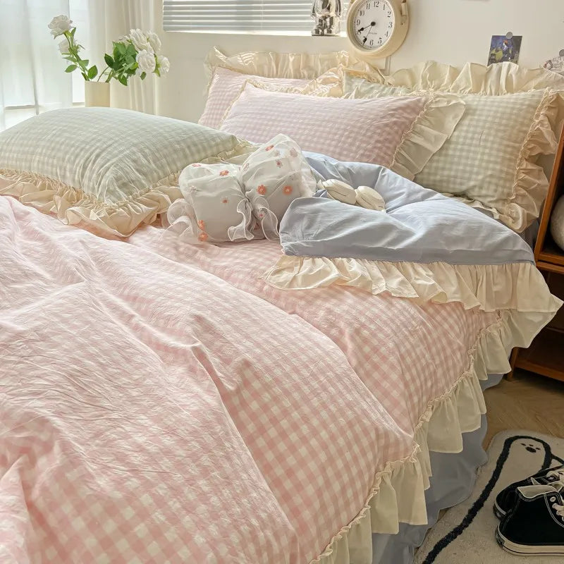 STORESDE Ruffled Pink Blue Duvet Cover Set Twin Queen Washed Microfiber Ultra Soft Bedding set Grid Duvet Cover Bed Sheet 2 Pillowcases