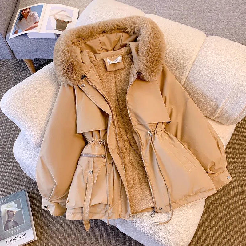 STORESDE Fleece Lined Hood Down Jacket Winter Coat for Women Warm Drawstring Padded Parkas Korean Casual Streetwear Female Puffer Outwear