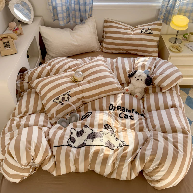 STORESDE Brown Stripe Bedding Comforter Set Pillowcase bed sheet Single Full Size Bed Linen Duvet Cover Set Queen/King Double Single Bed