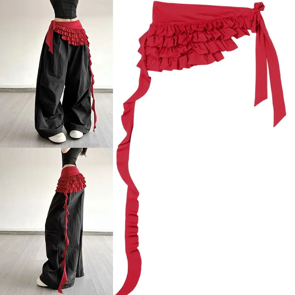 STORESDE Embroidered Flower Lace Mini Skirt Irregular See Through Ruched Skirts Lace-up Design High Waist Pleated Skirts