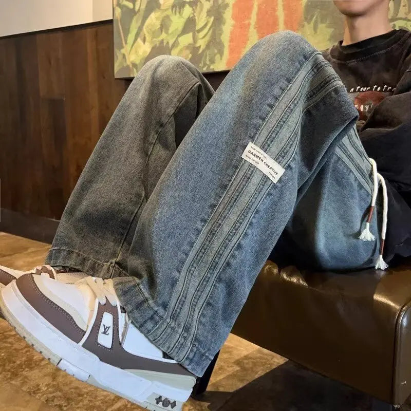STORESDE Three bar American retro jeans men's spring and autumn new style high street elastic waist loose casual men's straight leg long