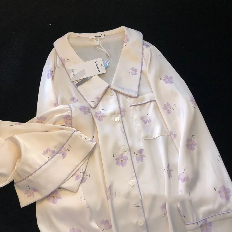 STORESDE 2026 New Ice Silk 2 Pieces Pajamas for Women Autumn Spring Women's Pajamas Set Elegant Ptinting Flower Home Wear Soft Sleepwear