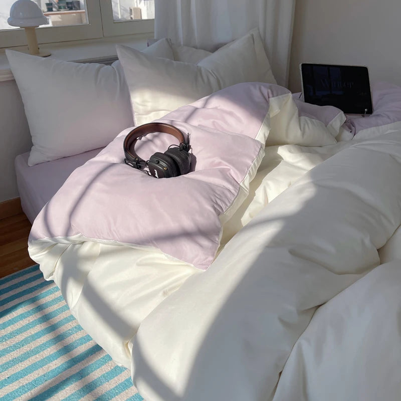 STORESDE Cotton Bedding Set 4pcs with Solid Bed Sheet Duvet Cover Pillowcases Single Couple Bedsheet King Queen Double Twin Size
