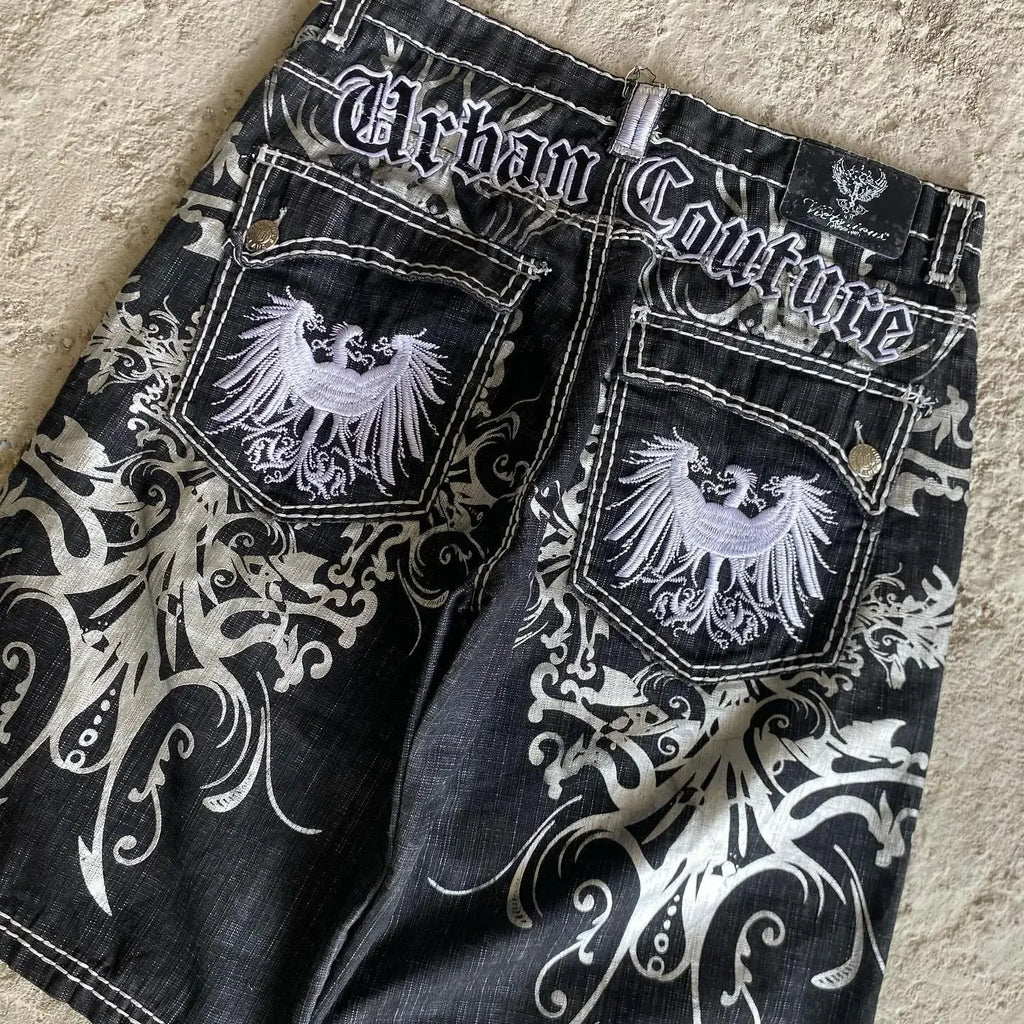 STORESDE New Streetwear American Denim Shorts Mens Womens Hip Hop Embroidery Printed Loose Shorts Gothic Retro Casual Basketball Shorts