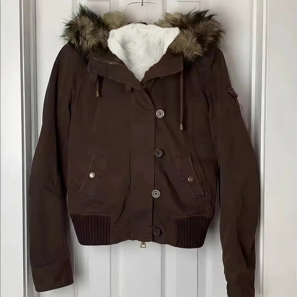 STORESDE Vintage Fur Trim Hooded Bomber Jacket Womens Brown Zipper Coat with Sherpa Lining Ribbed Cuffs Y2K Winter Keep Warm Coats
