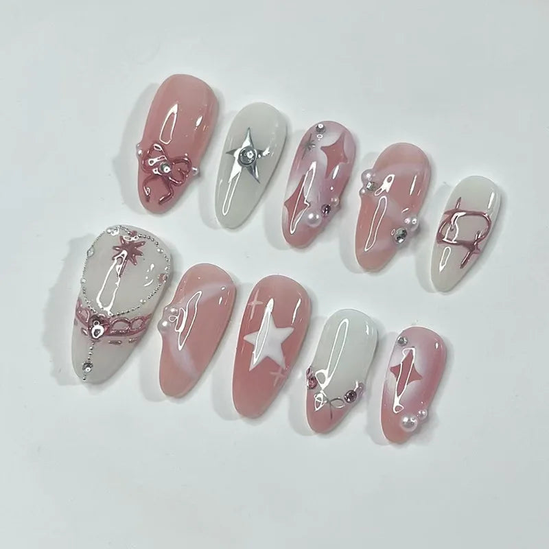 STORESDE 24pcs False Nails Glossy Green Summer Almond Fake Nail Tips Wearable Detachable Fashion Flower Print Press on Nails for Girl