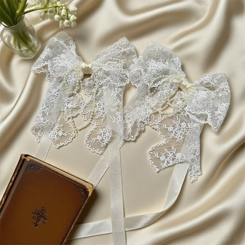 STORESDE 1Pair/2Pairs French Romantic White Flower Lace Curtain Tieback with Bead Korean Bow Strap Trims for Curtain Accessories Decor