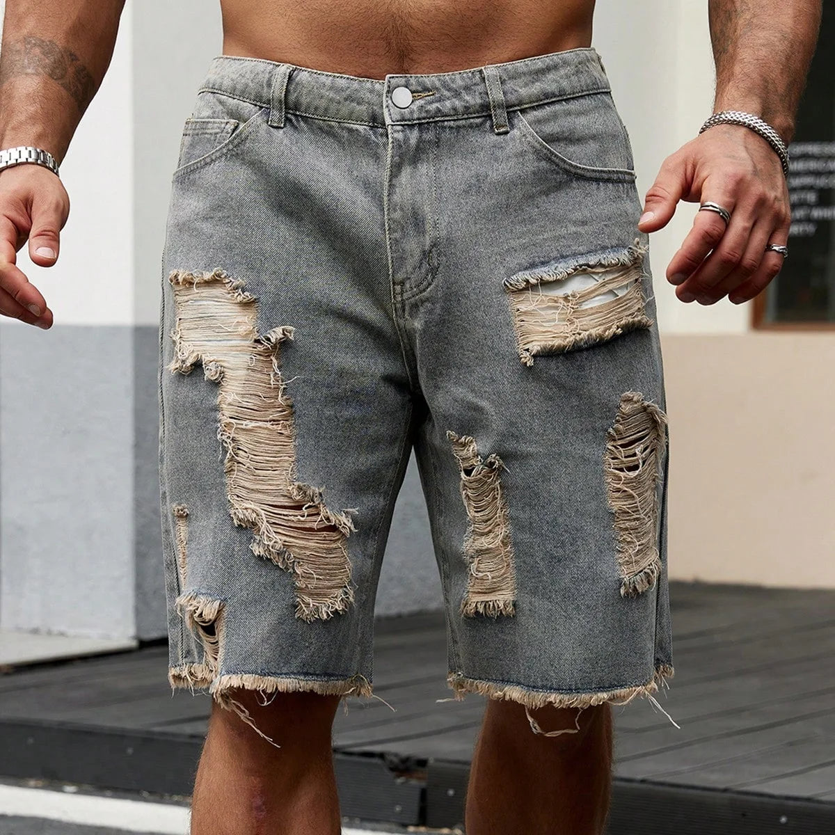STORESDE Summer New Men's Fashion Stretch Denim Shorts Retro High Street Style Old Slim Fit Short Jeans Splicing Design Cotton Brand