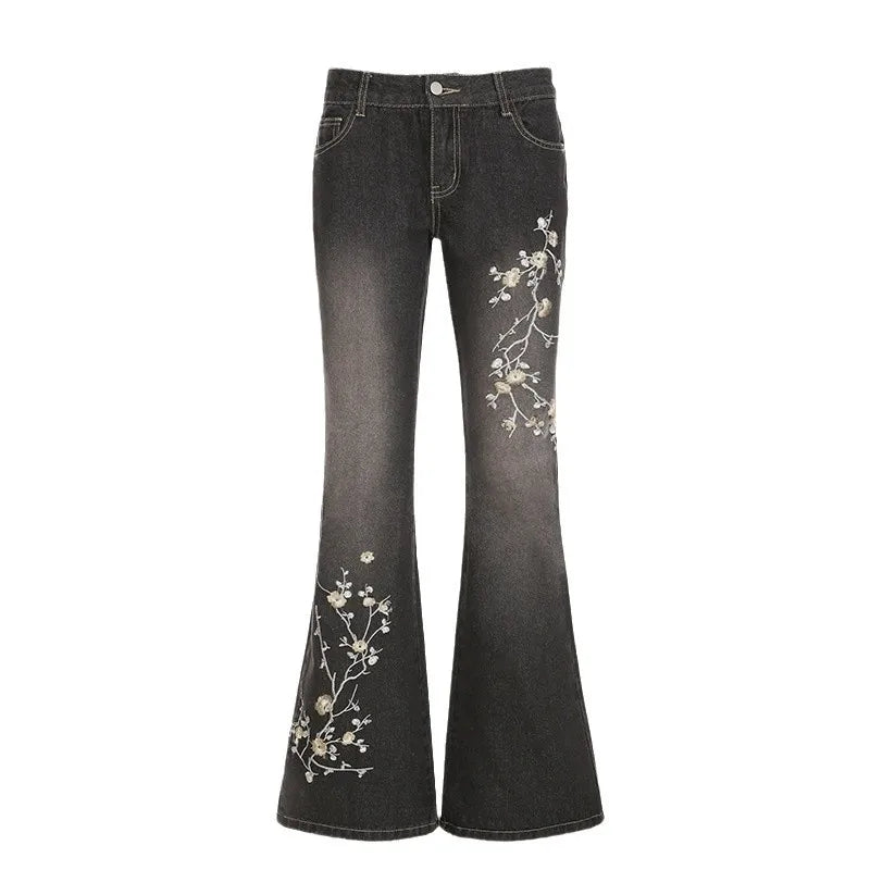 STORESDE Floral Embroidery Jeans Vintage 2000s Low Rise Flared Jeans Women Retro Y2k Baggy Denim Pants High Street Basic Trousers