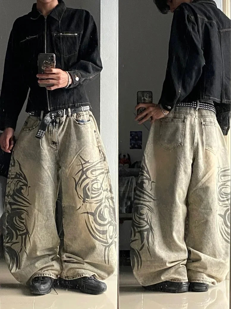 STORESDE American Y2K New Grey Printing Baggy Jeans Men Women High Street Vintage Hip Hop Harajuku Casual Joker Couple Wide-leg Pants