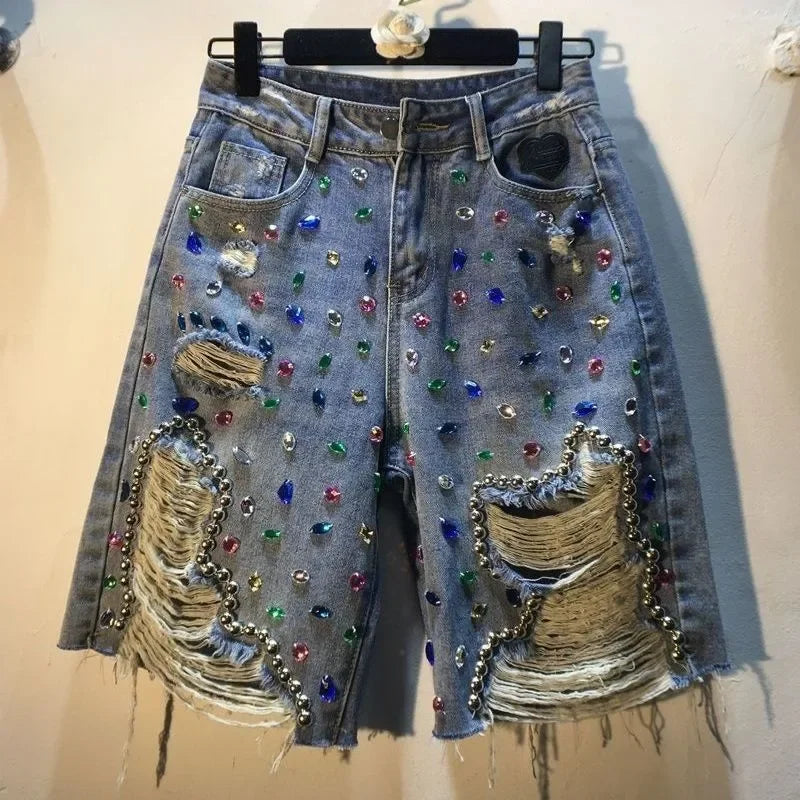 STORESDE Women's 2026 with Diamonds Summer High Waist Denim Shorts - Stretch Distressed Ripped Jeans for Trendy Streetwear Fashion Style