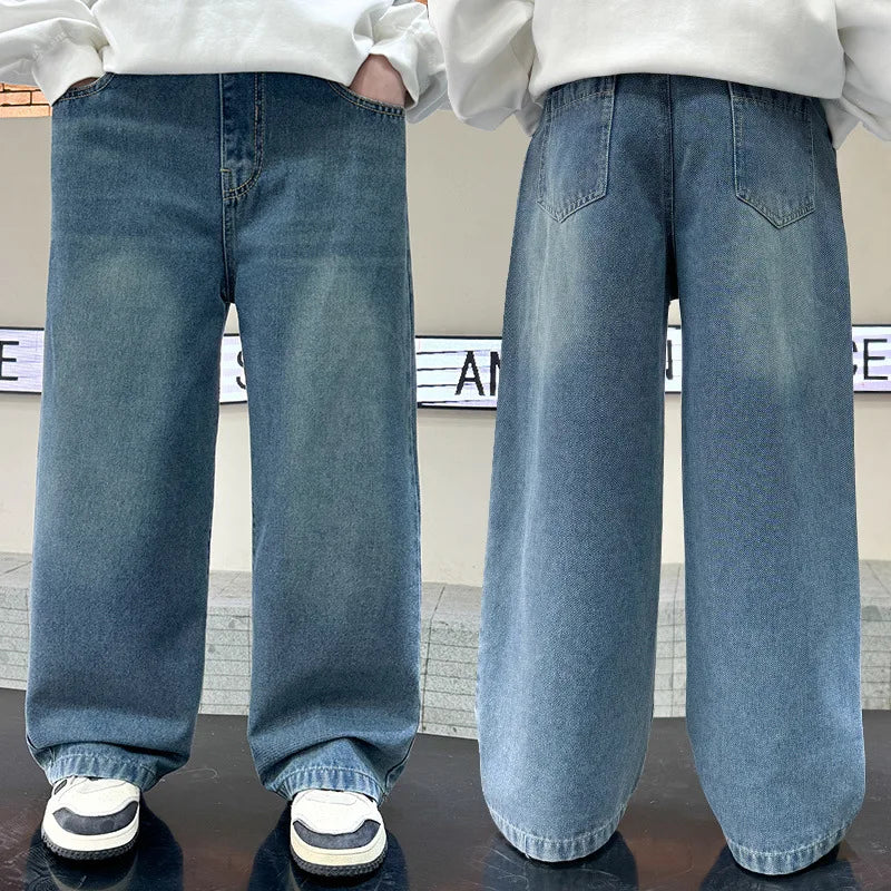 STORESDE New Arrival Boys Spring Autumn Jeans Trendy Streetwear Child Straight Leg Loose Wide Leg Denim Pants for Teenage Kids
