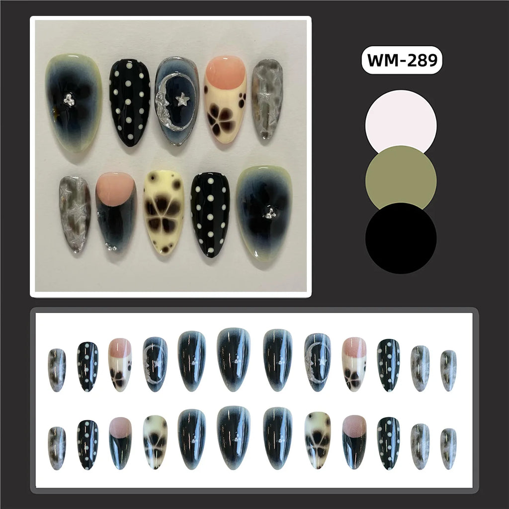 STORESDE 24pcs Smudging Flower Press On Nails Wave Point Designs French Style Almond False Nails Y2k Sweet Cool Fake Nail For Spicy Girls