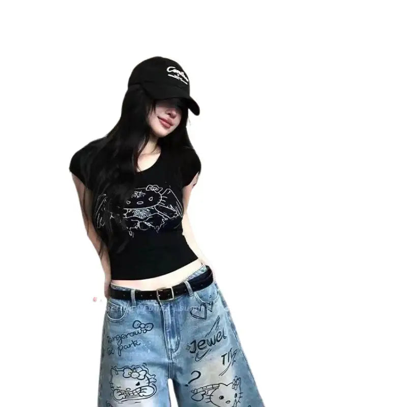 STORESDE New 2025 Sanrio Summer High Street Style Denim Jeans Shorts Light Blue Straight Girls Deni Shorts Jeans Fashion Casual Jeans