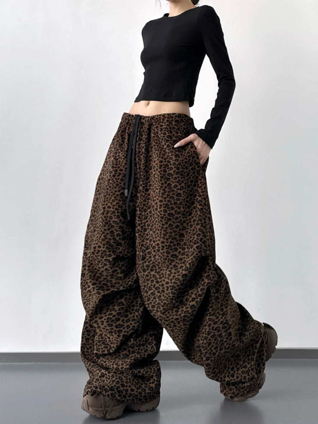 STORESDE Leopard Print Fleece Wide Leg Pants For Women Autumn Winter American Casual Fashion Retro Pleated Thicken Trousers