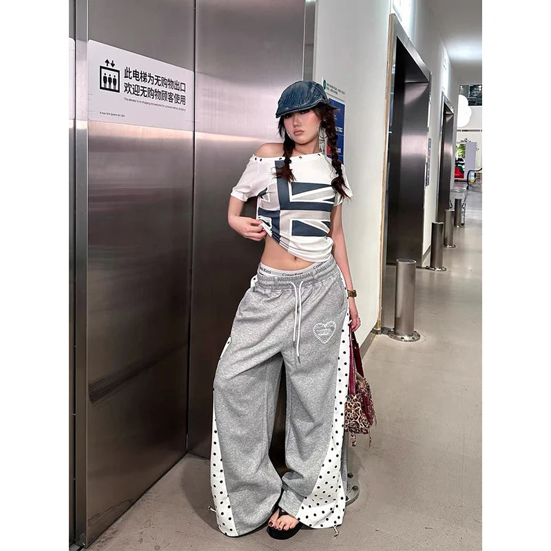 STORESDE YIBASHU Women Gray Baggy Wide Leg Sweatpants Oversize Dot Splice Pants Harajuku Japanese 2000s Style Vintage Y2k Dance Trouser