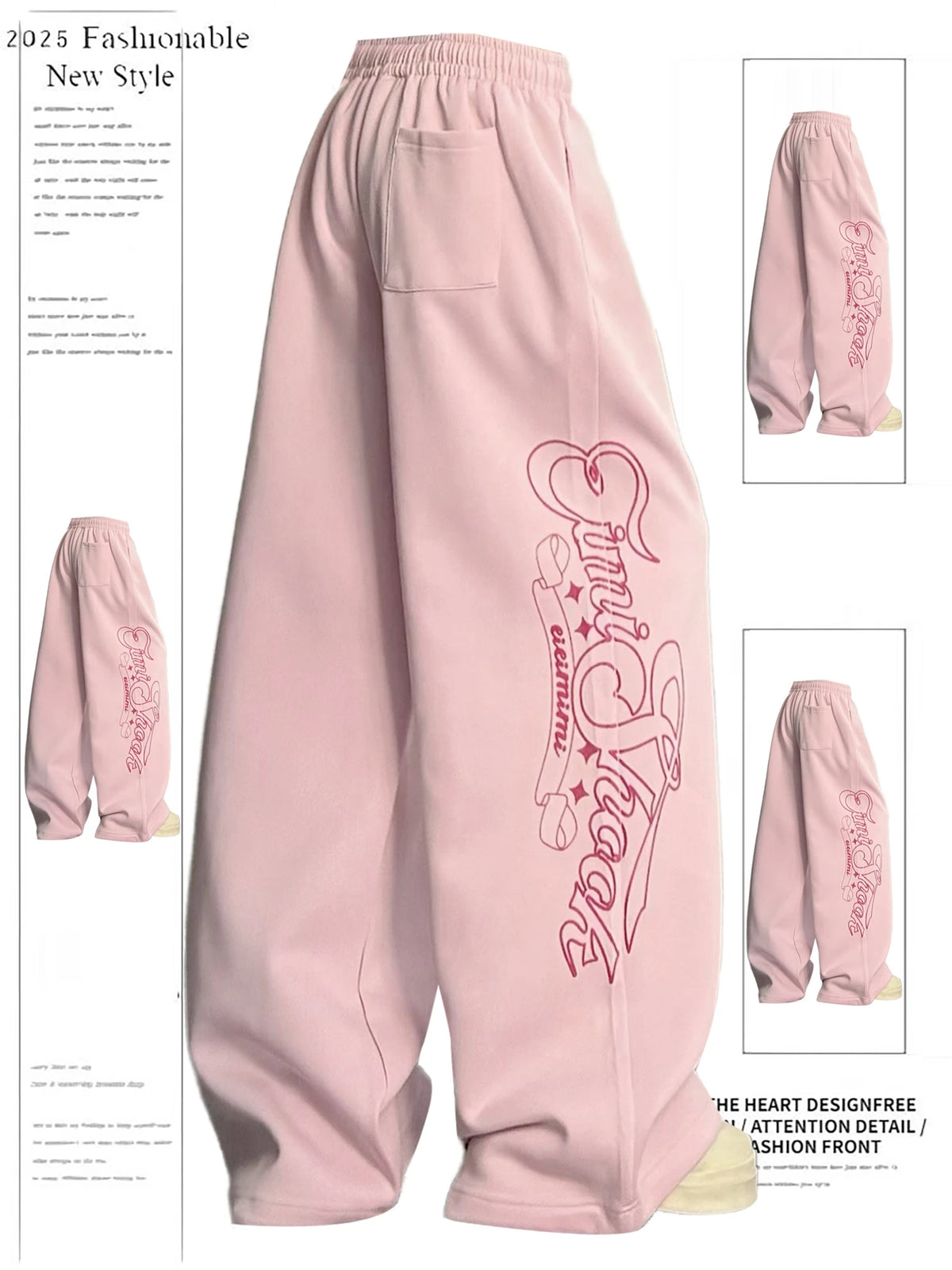 STORESDE Y2K Women's Pink Wide Leg Sweatpants 2025 New Fashion Letter Print Drawstring Waist Casual Streetwear Trousers