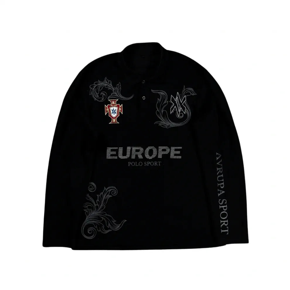 STORESDE Retro Long Sleeve Polo Shirt Y2k Casual Loose Letter Pattern Embroidery T Shirts Street Sweatshirt Men Cotton Jersey Lapel Golf