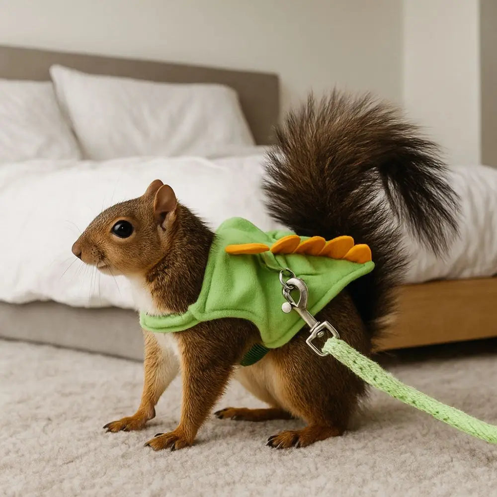 STORESDE Soft Cartoon Ferret Vest Harness Adjustable Flannel Hamster Chest Strap Dragon Design with Bell Ferret Traction Rope Training