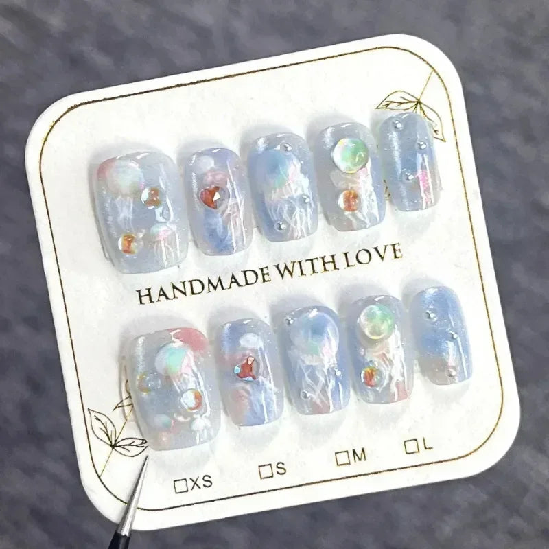 STORESDE 10Pcs Short French False Nail Gradient Blue Press on Nails with Diamond Pearl Design Full Cover Wearable Ballet Fake Nails Tips