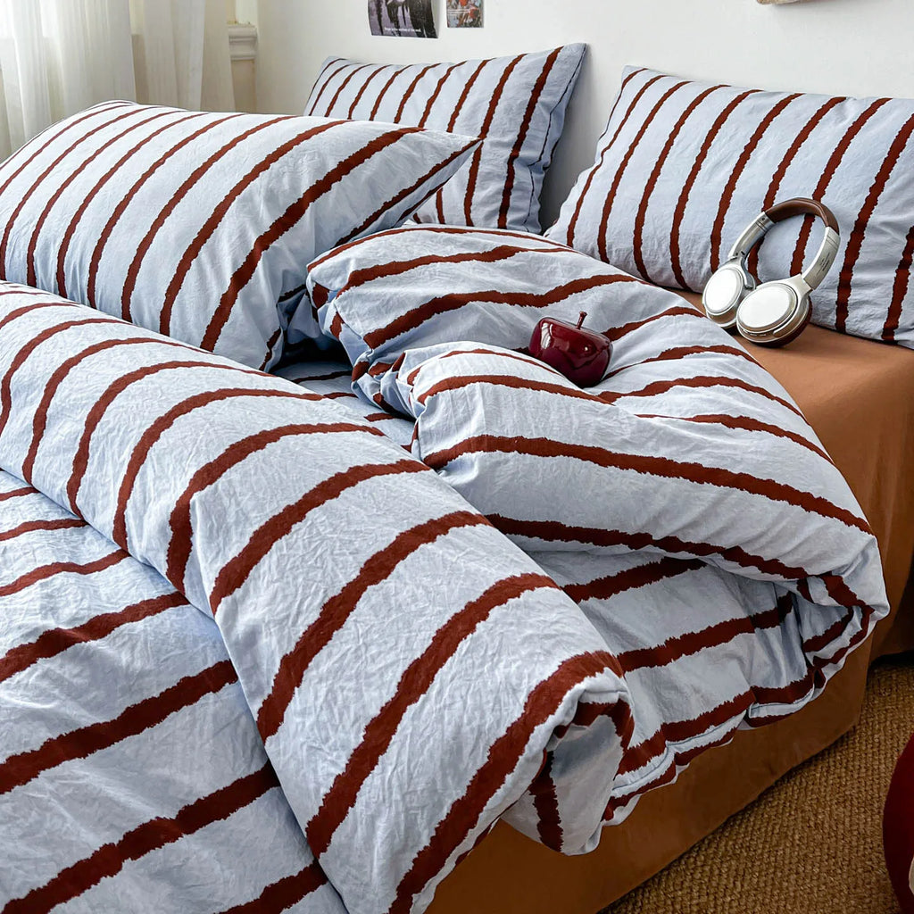 STORESDE 3pcs Simple Pink Striped Duvet Cover Set with 2 Pillowcases Soft Washed Cotton Bedding Set For Girls 150x200cm Bedroom Decor