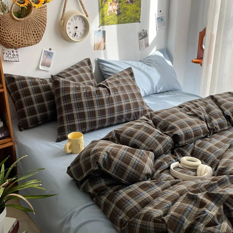 STORESDE Bedding Set Ins Ambiance Blue Coffee Grid Mixed With Washed Cotton Minimalist Four Piece Set Fitted Sheets Duvet Cover