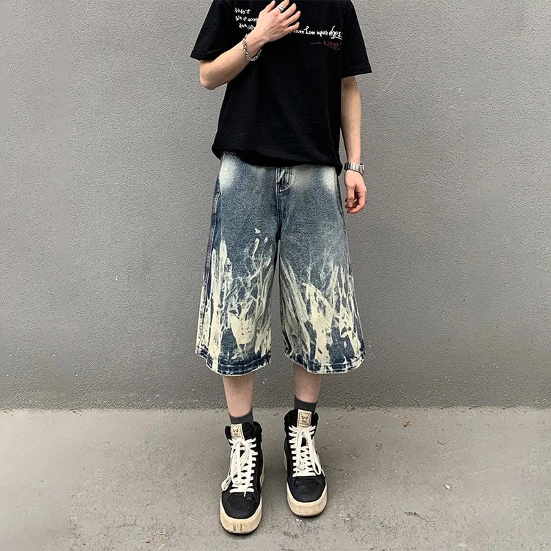 STORESDE 2026 New Flame Graphic Print Denim Shorts For Men Hip Hop Fashion Straight-leg Baggy Jorts Punk Tie Dye Gradient Y2K Short Jean