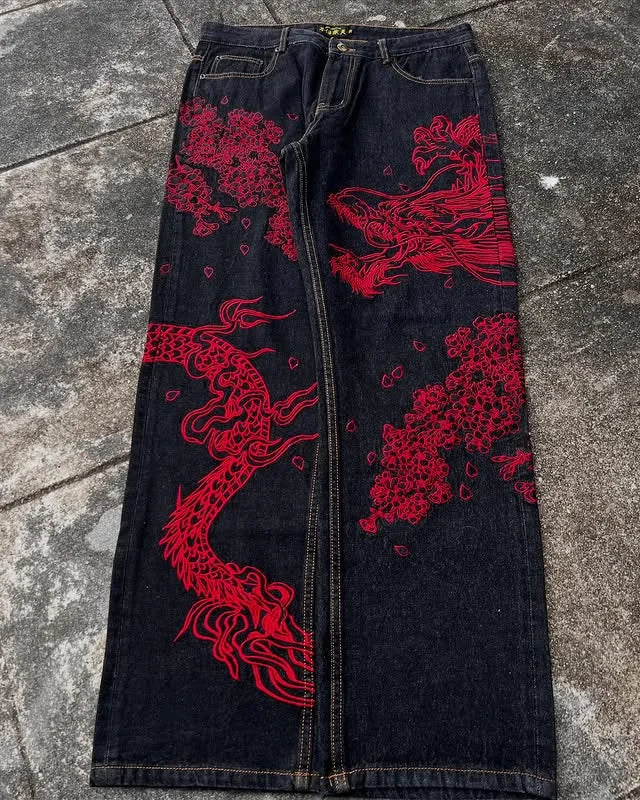 STORESDE Japanese Dragon Knitted Jeans Men Women Baggy Fit High Street Urban Casual Trendy Fashion Hip Hop Streetwear Daily Wear Style