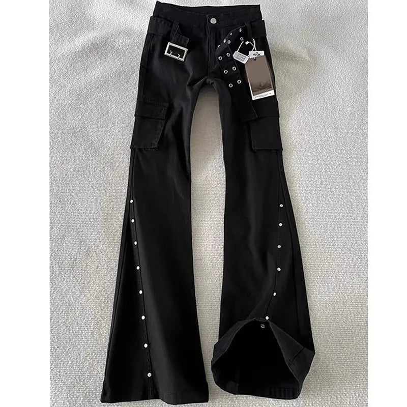 STORESDE Autumn American Retro Dark Gothic Jeans Women High-street Mid-rise Rivet-decorated Flared Pants Y2K 2000s Aesthetic Cargo Pants