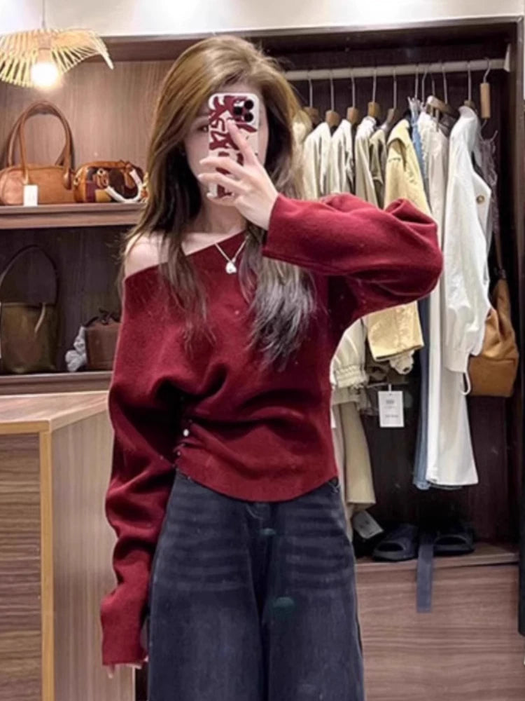 STORESDE Korean Vintage Off Shoulder Solid Sweaters Women Grunge Casual Streetwear Knitted Pullovers Loose Y2k Aesthetic Jumpers Females