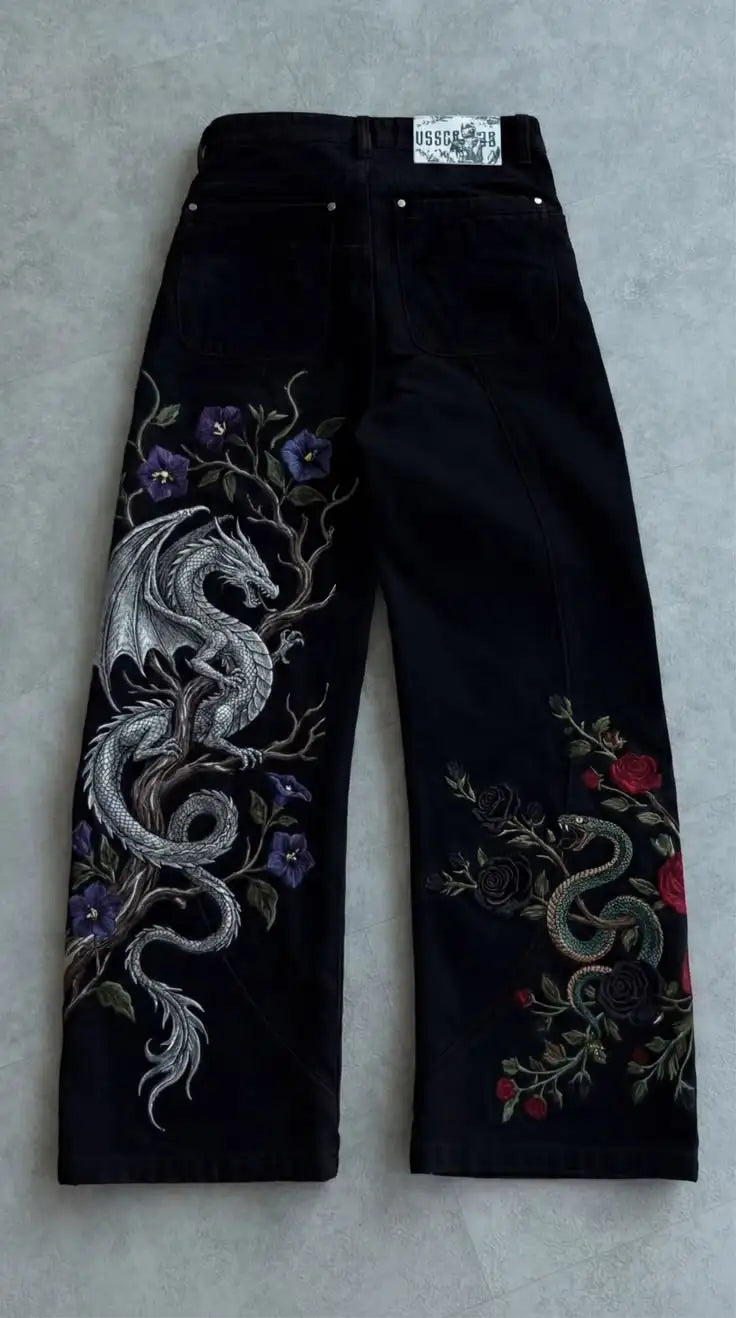 STORESDE Y2K Black Loose Wide Leg Jeans for Men Women Featuring Dragon and Rose Embroidery Retro Gothic Street Hip Hop Oversized Jeans