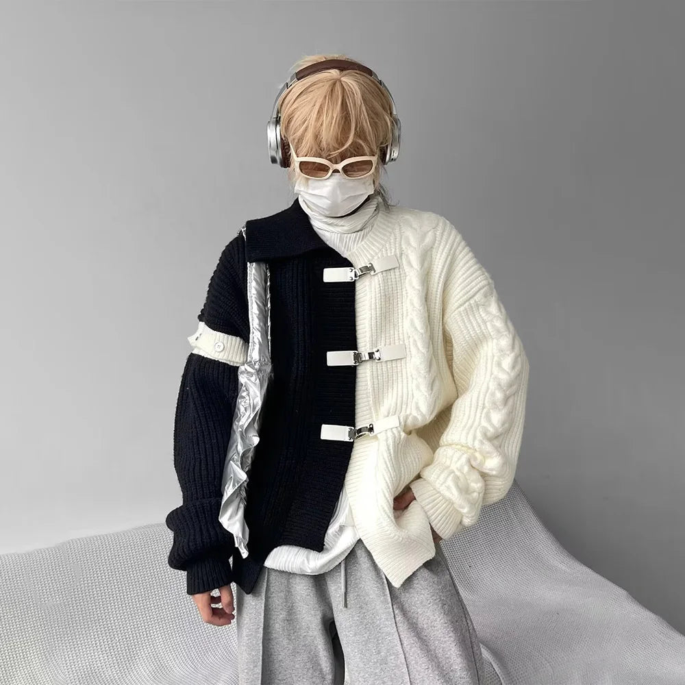 STORESDE Sweater Men Y2k Splicing Button Knitted Jacket Niche Streetwear Soft Knitwear Autumn Personality Youthful Casual Mens Clothing