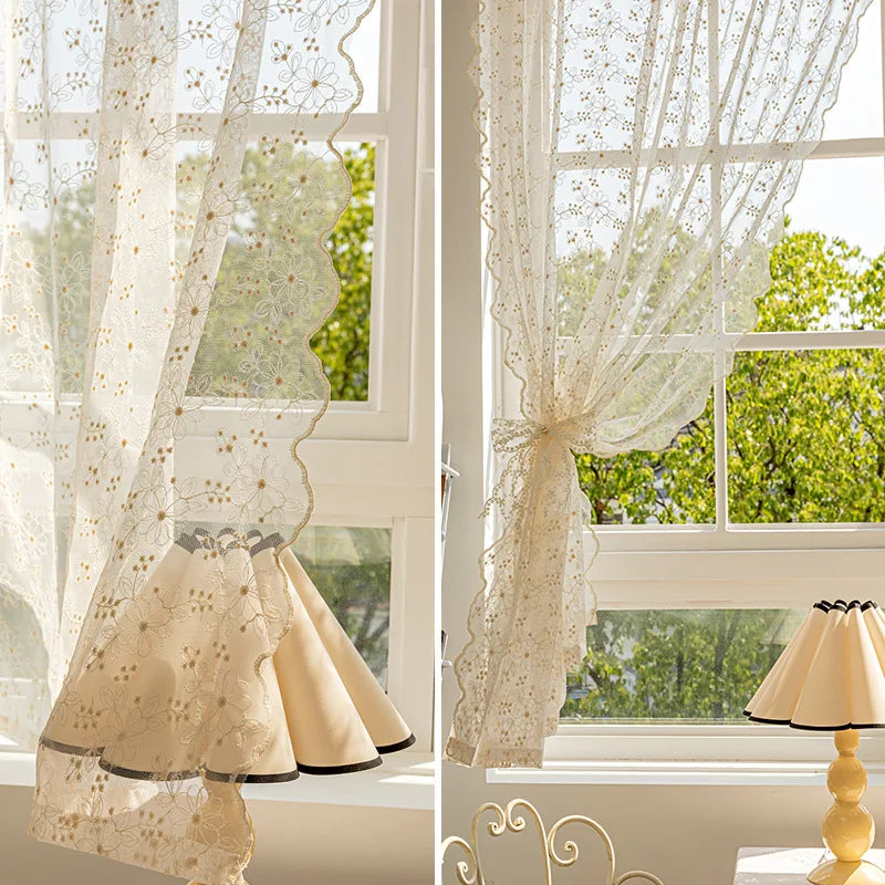 STORESDE French Country Style Embroidered Flower Small Window Curtains, Elegant Charming Vintage Lace Curtains for Living Room, Kitchen