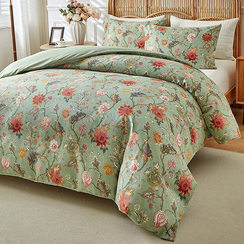 STORESDE Vintage Floral Printed Duvet Cover Set Soft Breathable Double Bed Bedding Set All Season Queen Size Quilt Cover and Pillowcases