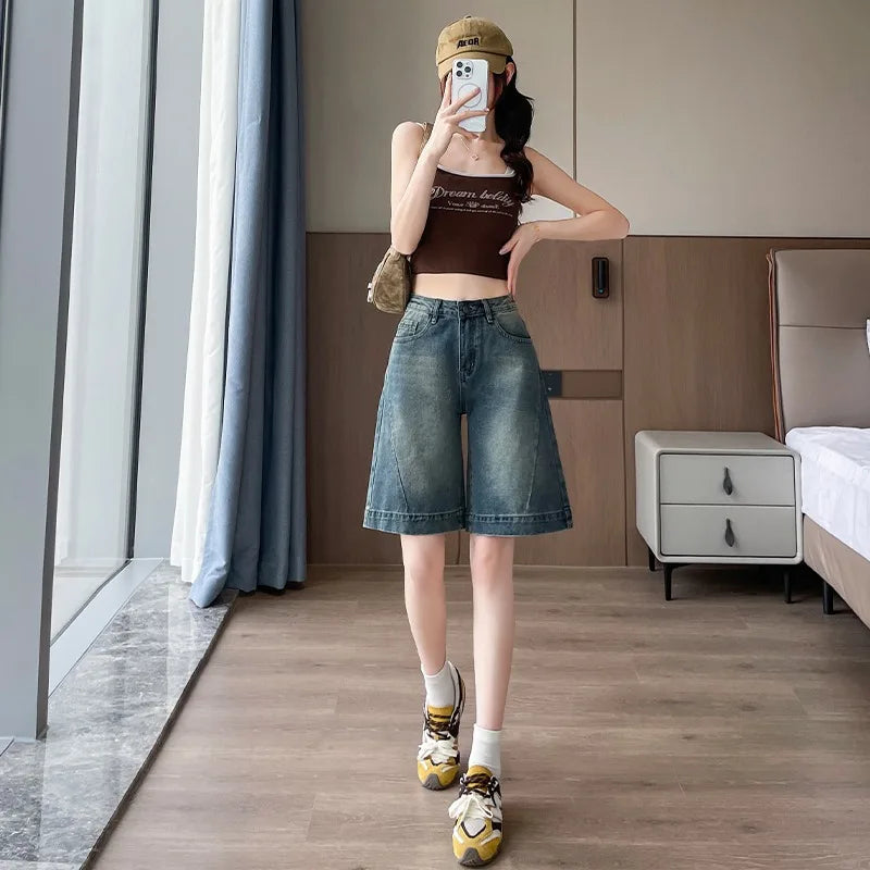 STORESDE Shorts Female Jeans Summer Wide Leg Loose Fit High Waist Denim Shorts Women's Denim Five Points Mid Length Trousers