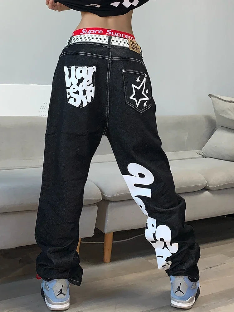 STORESDE Letter Print Baggy Jeans Women  High Street Vintage Hip Hop High Waisted Jeans Woman Casual Straight Wide Leg Women Jeans