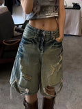 STORESDE Y2K Hole Jeans Shorts Women American Loose Streetwear Hot Girls Wide Leg Shorts Summer High Waist Retro Wash Denim Shorts
