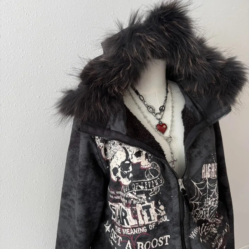 STORESDE American Fashion New Skull Print Hoodie Women Y2K Vintage Rock Hip Hop Gothic Popular Casual Joker Plus Velvet Padded Sweater