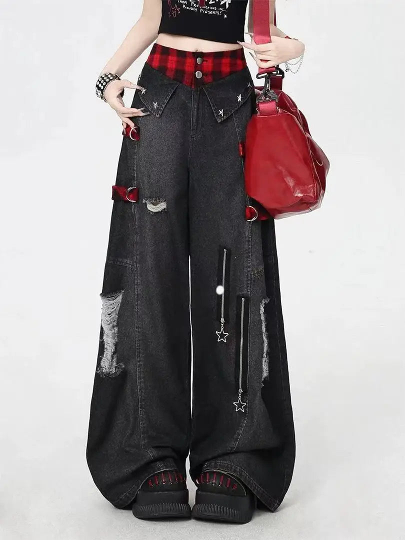 STORESDE Y2K High Street Red Letter Embroidered Baggy Jeans Women Gothic American New Straight Pants Fashion Street Retro Wide-leg Pants