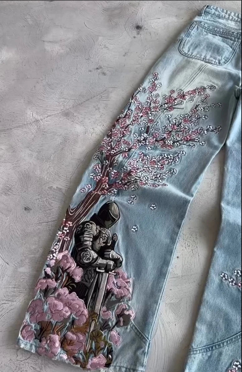 STORESDE Men Women Cherry Blossom Knight All Embroidery Denim Pants Y2k Vintage Baggy Street Straight Jeans High Waisted Washed Blue Jean