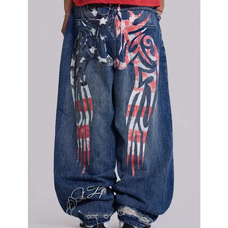 STORESDE 2026 new printed retro wide-leg casual slim trousers Hip-hop personality jeans Y2K women's dark fun graffiti floor-length pants