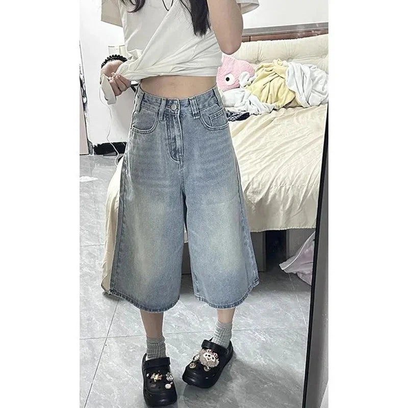 STORESDE 2026 Summer High Street Women Baggy Thin Jeans Female High Waist Capri Pants Girls Solid Color Leisure Denim Shorts