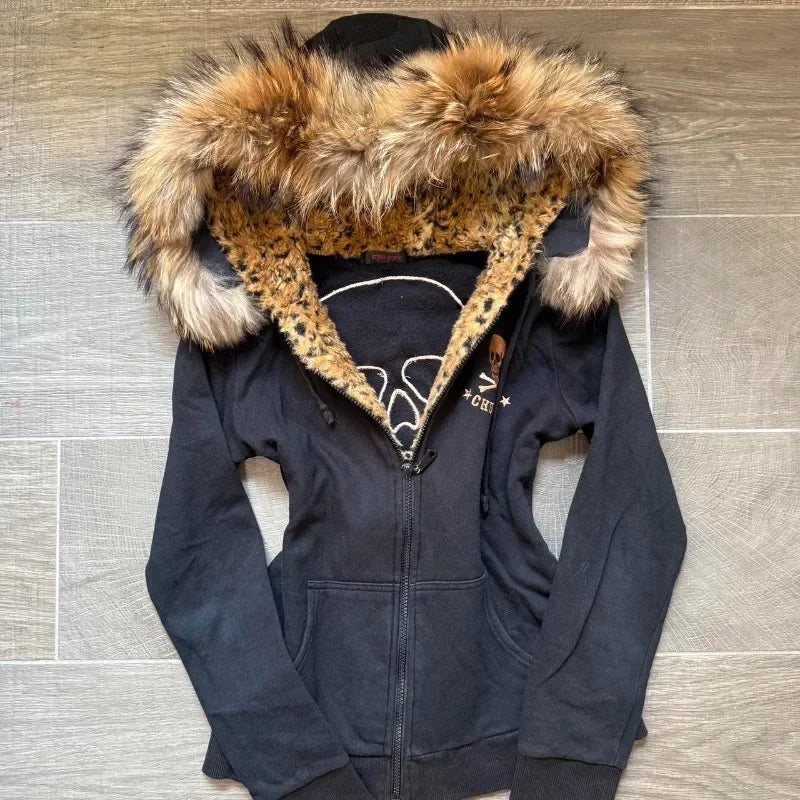 STORESDE American New Skull Embroidery Super Leopard Hooded Sweater Women Y2K Gothic Hip Hop Popular Casual Joker Sweatshirt