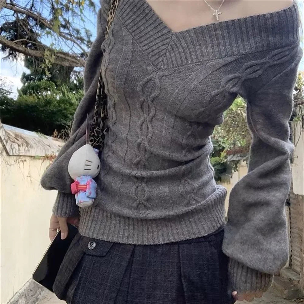 STORESDE Fashion Vintage V-neck Knitted Tops Women 2025 Early Autumn New Sweaters Pullover Slim Long Sleeve Pullovers Sexy Gray Jumpers