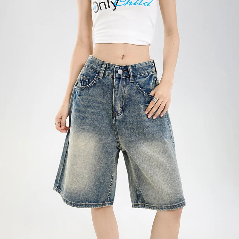 STORESDE 2026 Korean Street Casual Y2K Loose Wide-leg Denim Shorts Five-point Baggy Jeans Women's All-match Straight Summer Hot Shorts